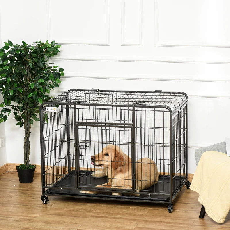 PawHut Cage pour chien pliable cage de transport sur roulettes 2 portes verrouillables plateau amovible dim. 109,5L x 71l x 78H cm métal gris foncé