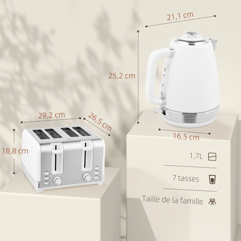 HOMCOM Ensemble bouilloire et grille-pain, bouilloire en acier inoxydable 1,7 L et 2200 W et grille-pain à 4 tranches, blanc