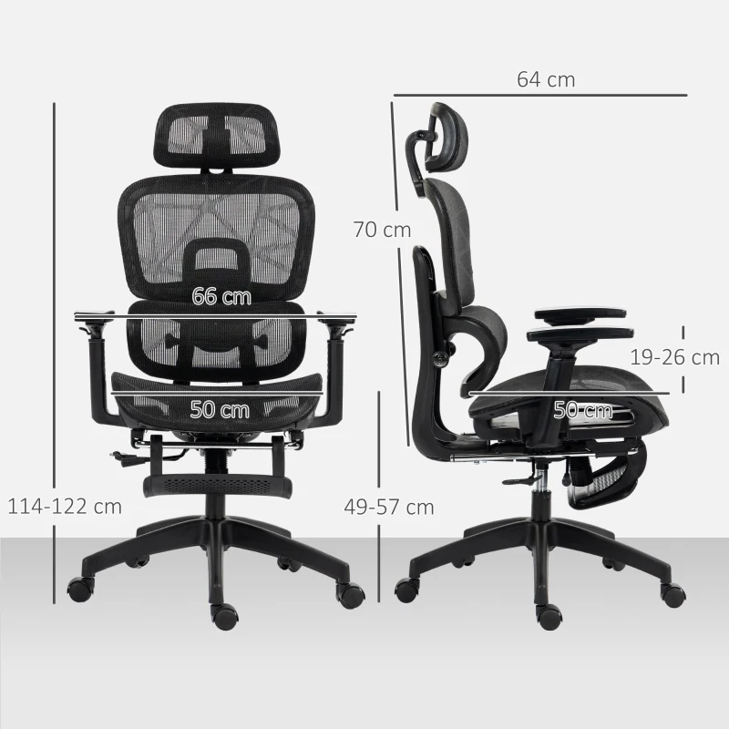HOMCOM Scaun de birou, scaun de birou ergonomic din plasă cu brațe 3D, spătar inclinabil, 66x64x122 cm, negru