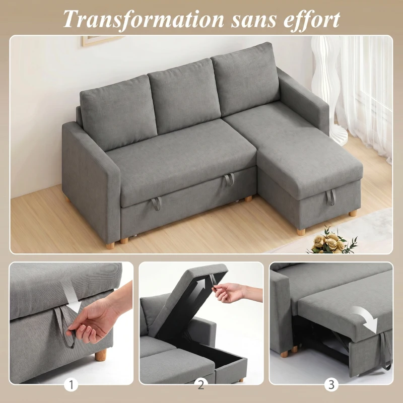 HOMCOM Canapé d'angle convertible canapé lit canapé 3 places modulable avec méridienne réversible, coffre de rangement intégré et 3 coussins de dossier, tissu aspect lin, gris