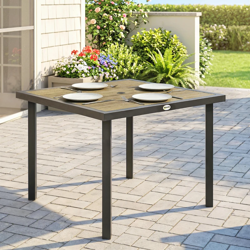 Outsunny Square Garden Dining Table with 5.4cm Parasol Hole, Slatted Top, Metal Frame, 86 x 86 x 71cm, Brown