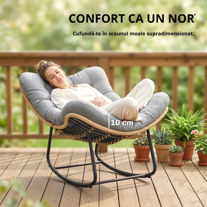 Outsunny Fotoliu balansoar din ratan, șezlong de grădină cu perne groase, balansoar de grădină până la 120 kg, interior/exterior, 87 x 110 x 70 cm, Gri