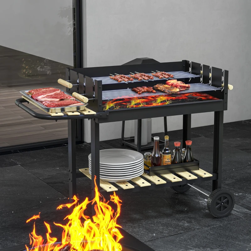 Outsunny Barbecue a Carbonella ad Altezza Regolabile con 2 Griglie e 2 Ripiani, in Metallo e Legno, 113x53.5x82.5 cm, Nera