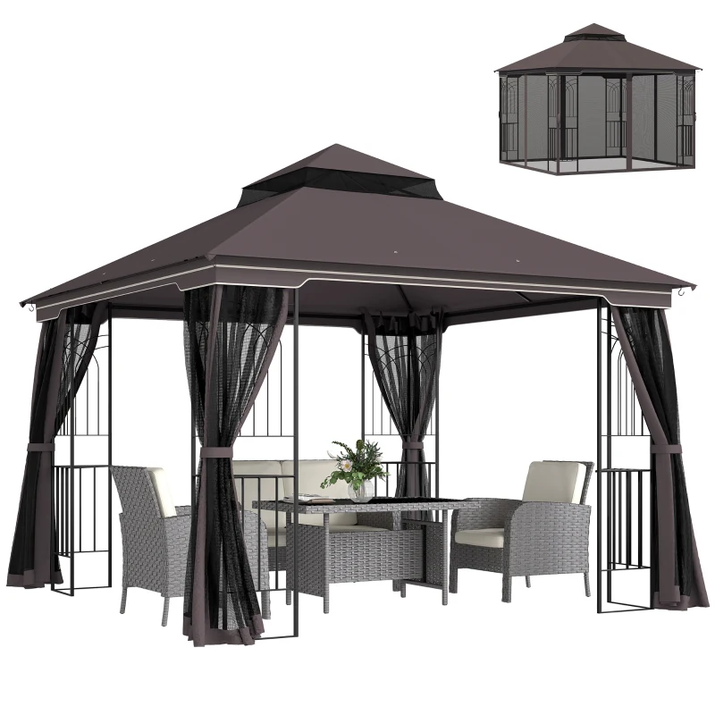 Outsunny tuinpaviljoen met dubbel dak paviljoen tuintent feesttent partytent met 4 x zijwanden metaal + polyester beige 3 x 3 x 2,7 m | Aosom