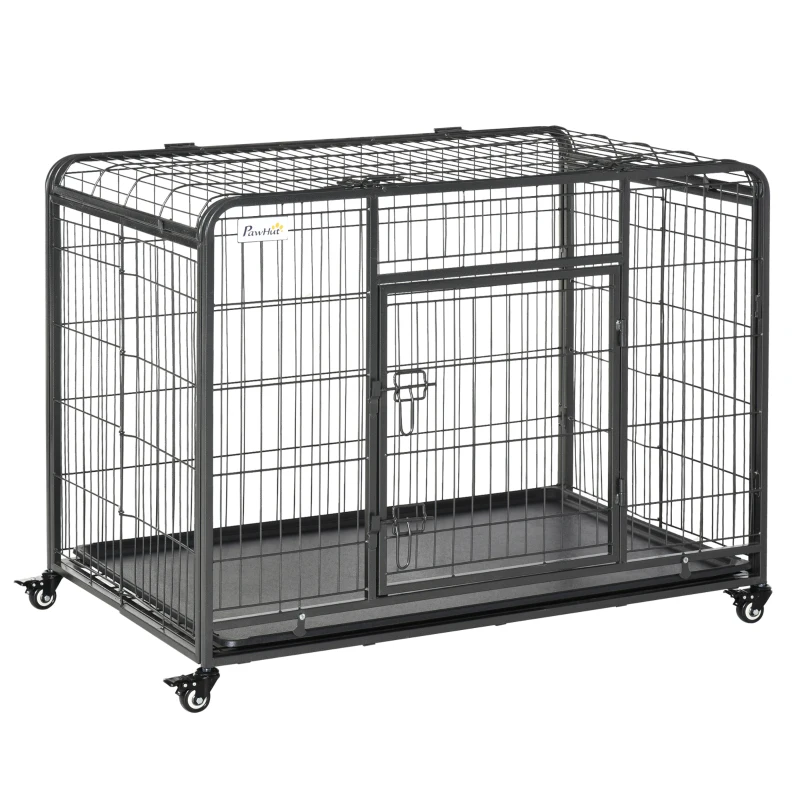 PawHut Cage pour chien pliable cage de transport sur roulettes 2 portes verrouillables plateau amovible dim. 109,5L x 71l x 78H cm métal gris foncé