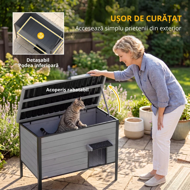 PawHut Căsuță rezistentă la intemperii cu acoperiș rabatabil, podea detașabilă și intrare pentru 1-2 pisici până la 12 kg 85x55x70 cm gri deschis