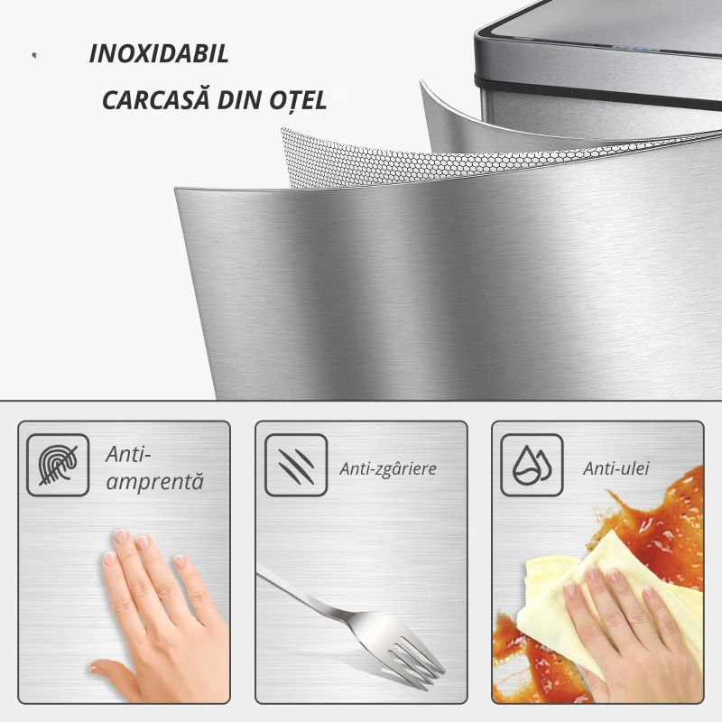HOMCOM Coș de gunoi cu senzor 60 L cu capac cu închidere silențioasă, coș de gunoi automat de bucătărie din oțel inoxidabil, argintiu