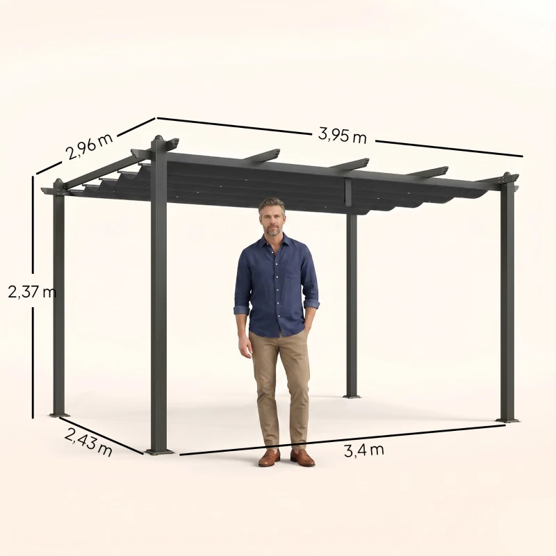 Outsunny Pergola Gazebo 4x3 m con 8 Fori di Drenaggio, in Alluminio, Metallo e Poliestere, Grigio Scuro