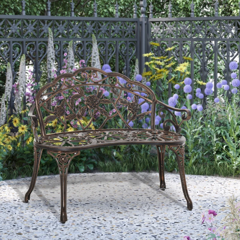 Outsunny Gartenbank 2-Sitzer aus Metall, Sitzbank im Retro Stil, Parkbank mit Blumenmuster 100 x 54 x 78 cm, Bronze