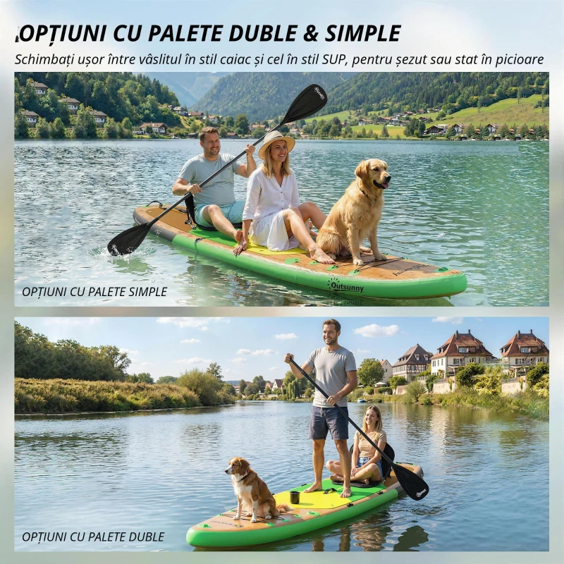 Outsunny Placă Paddle Surf Gonflabilă SUP Extra Lungă de 335 cm cu Scaun Vâslă Convertibilă Aripioare Pompă și Rucsac Capacitate 180 kg