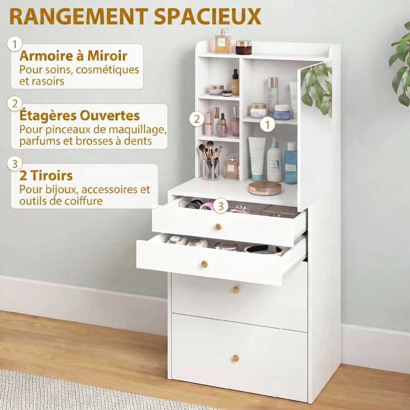 HOMCOM Coiffeuse avec miroir et tabouret de rangement mobile, table de maquillage, tiroirs, placard et étagères ouvertes, blanc