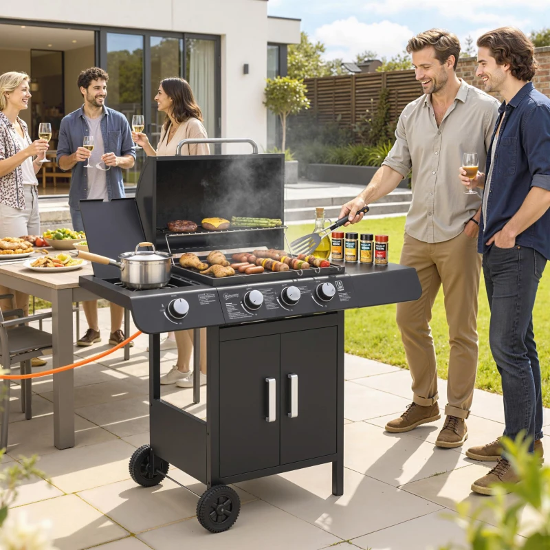 Outsunny Barbecue a Gas con Coperchio, 4 Bruciatori da 11.6kW, Fornello, Mensola e 2 Ruote, 110x50x100cm Nero