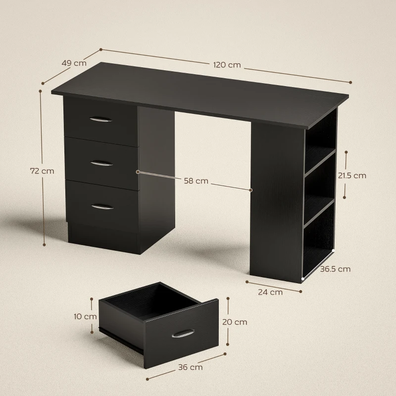 HOMCOM Computer Desk with Drawers, Home Office Desk, Writing Table, PC Workstation with 3 Storage Shelves for Working, Study, 120 x 49 x 72 cm, Black