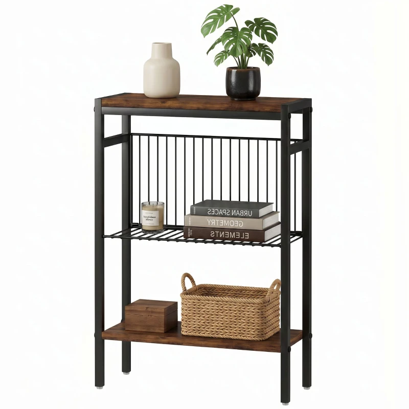 HOMCOM Bijzettafel met 3 planken, kleine nachttafel met metalen frame, rustiek bruin voor de woonkamer
