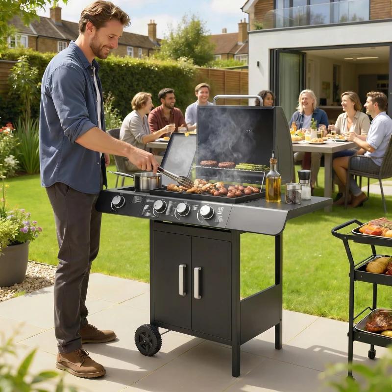 Outsunny Barbecue a Gas con Coperchio, 4 Bruciatori da 11.6kW, Fornello, Mensola e 2 Ruote, 110x50x100cm Nero
