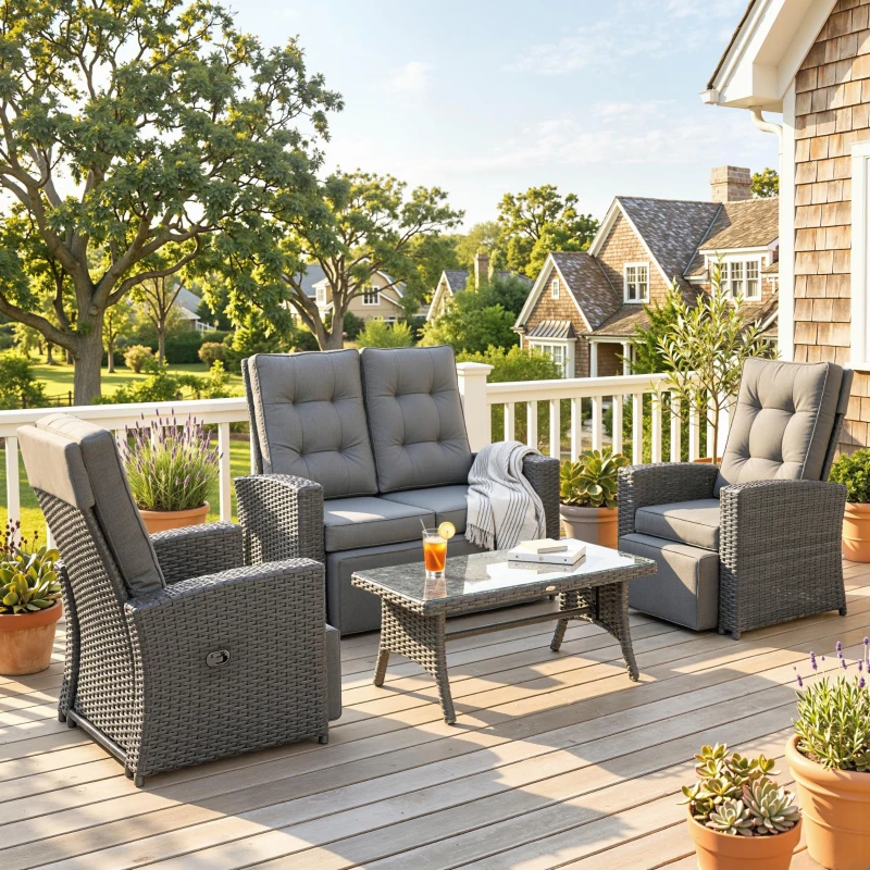 Outsunny 4 Piece Rattan Garden Furniture Set Outdoor Sofa Sectional Set with Glass Top Table for Poolside, Grey