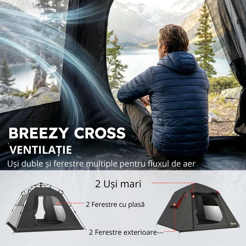 Outsunny Cort camping 2 persoane 3000 mm impermeabil & rezistent la vânt, cort cupolă cu 2 uși, 2 ferestre cu plasă, 2 ferestre laterale, husă de transport