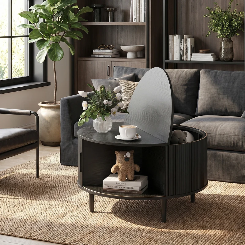 HOMCOM Coffee Table with Lift Top and Hidden Storage, Round Centre Table with Fluted Sliding Door, 80 cm, Black Wood Effect