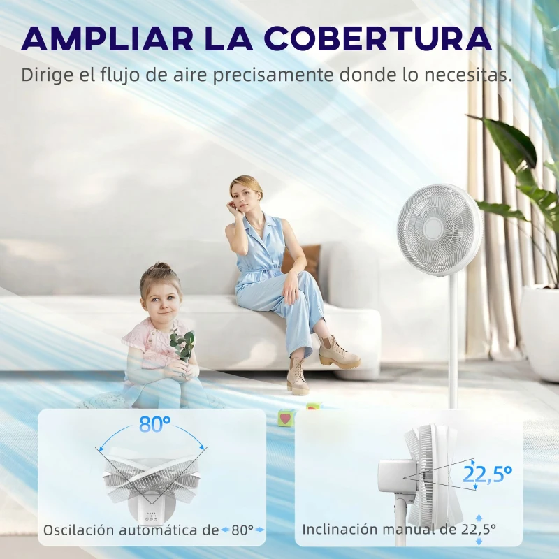 HOMCOM Ventilador de Pie con Control Remoto Altura Ajustable 4 Velocidades Oscilación 80° Temporizador 10H Pantalla LED Blanco