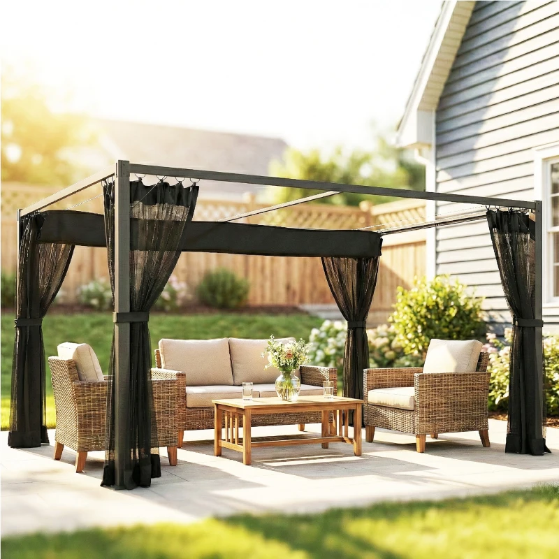 Outsunny Pérgola de Jardim 3x4 m com Teto Retrátil e 4 Laterais em Rede UPF30+ Pérgola para Exterior Terraço Cinzento