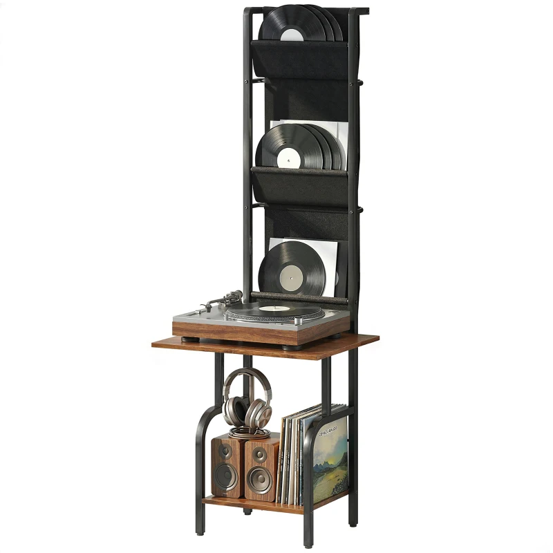 HOMCOM Vinyl Record Player Stand Record Storage with Player Stand Oxford Fabric Pockets Bottom Shelf Rustic Brown and Black