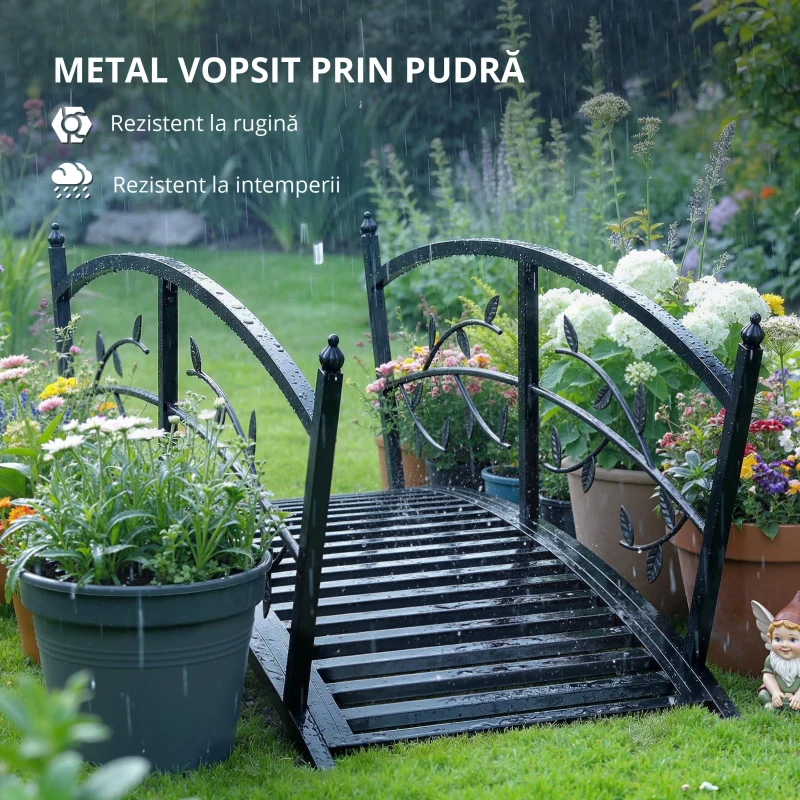 Outsunny Pod de Grădină Metalic 1,2 m Pod Decorativ pentru Iaz cu Balustrade de Siguranță și Design cu Frunze Negru