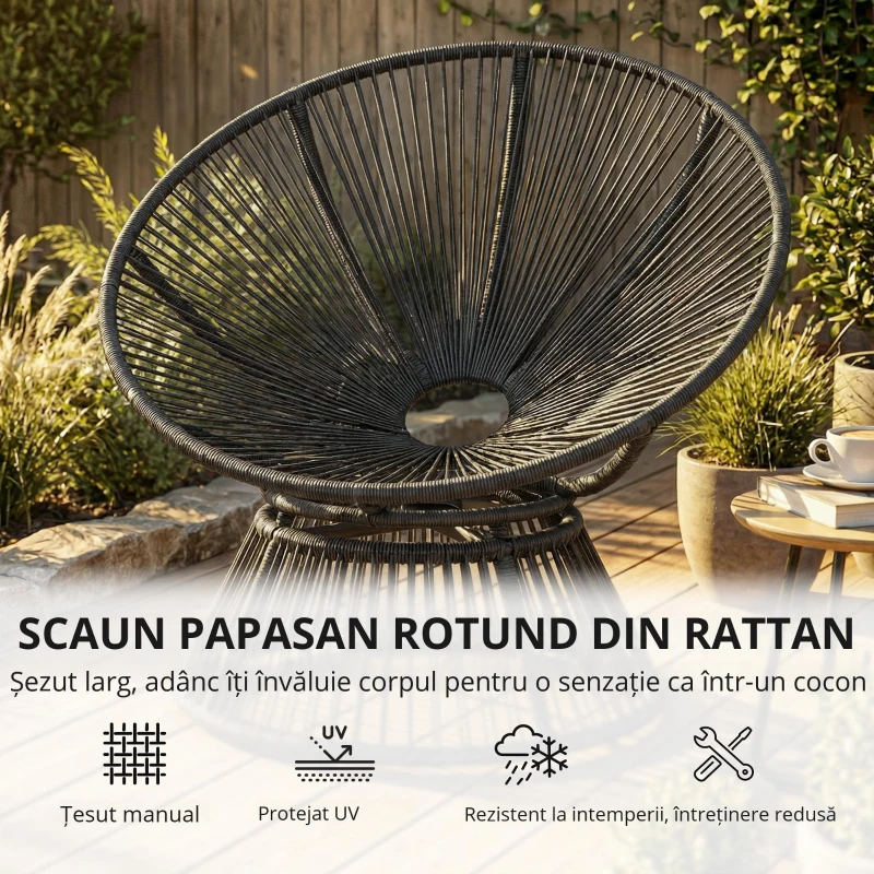 Outsunny Scaun Papasan rotativ 360° Fotoliu din coș cu pernă Cadru din oțel Fotoliu rotund din ratan Loungesessel Gri