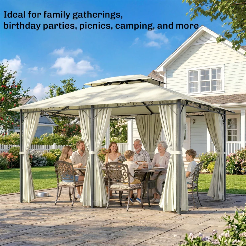 Outsunny 4m x 3(m)Garden Gazebo, Double Roof Outdoor Gazebo Canopy Shelter with Curtains, Solid Steel Frame for Lawn and Deck, Beige