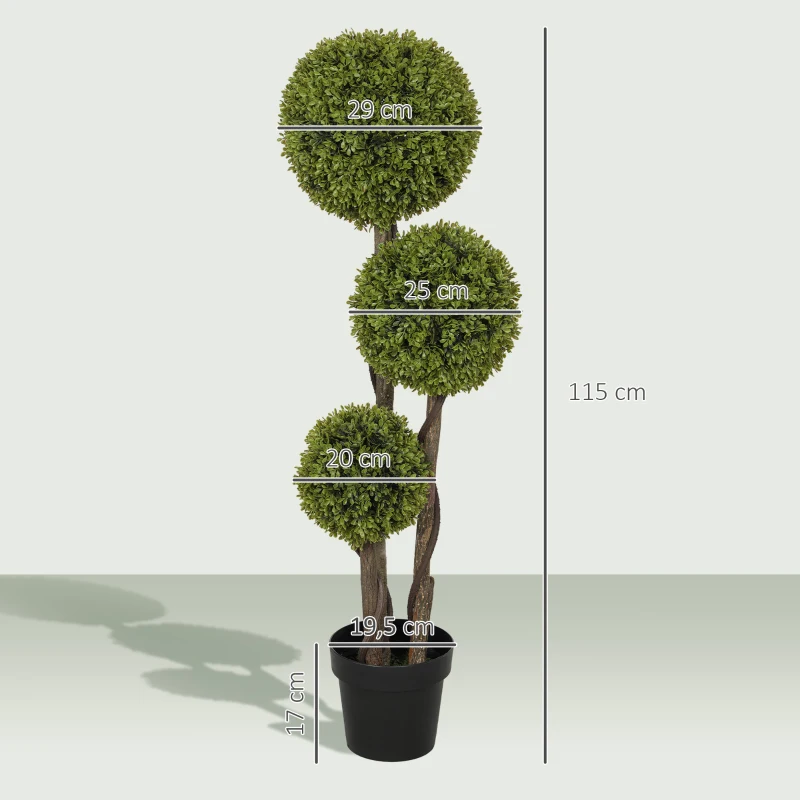 HOMCOM Pianta di Bosso Artificiale a 3 Sfere con Vaso Incluso e Fondo Rinforzato, Altezza 115 cm