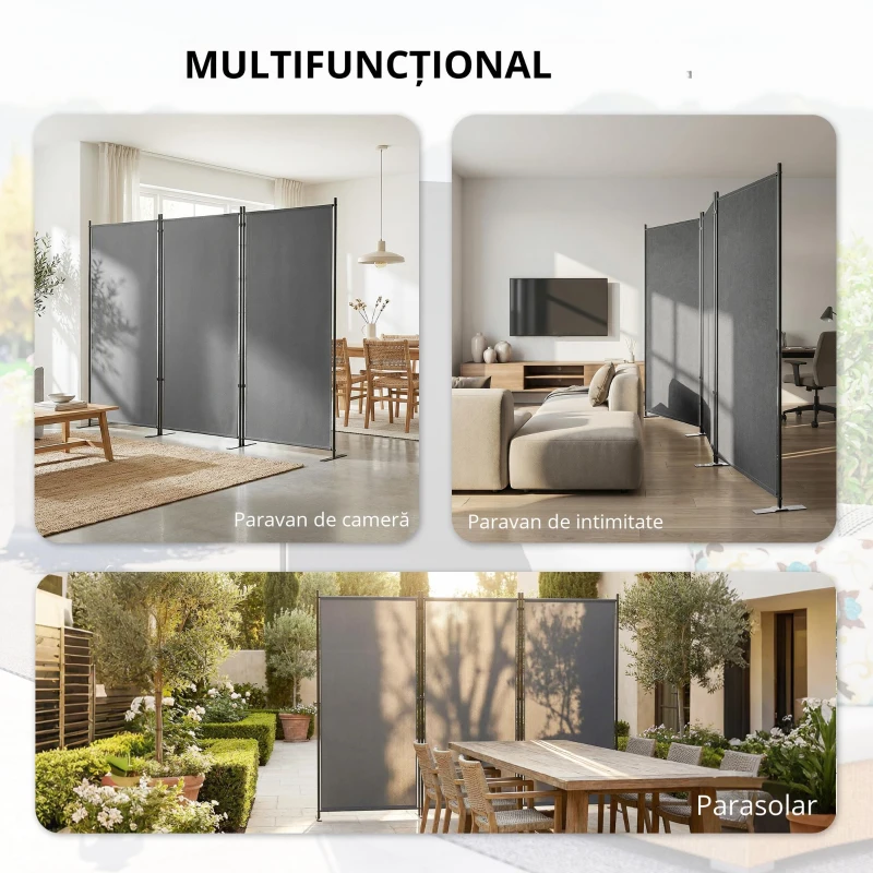 Outsunny Paravan pliabil cu 3 panouri 260x180 cm Paravan separator de încăperi cu suport metalic UPF 30+ Gri închis