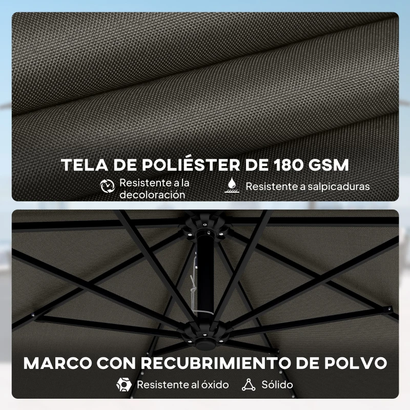 Outsunny Parasol Excéntrico con Luces LED Solares Ø345 cm Sombrilla Jardín de Aluminio con Base Cruzada Manivela Funda Gris