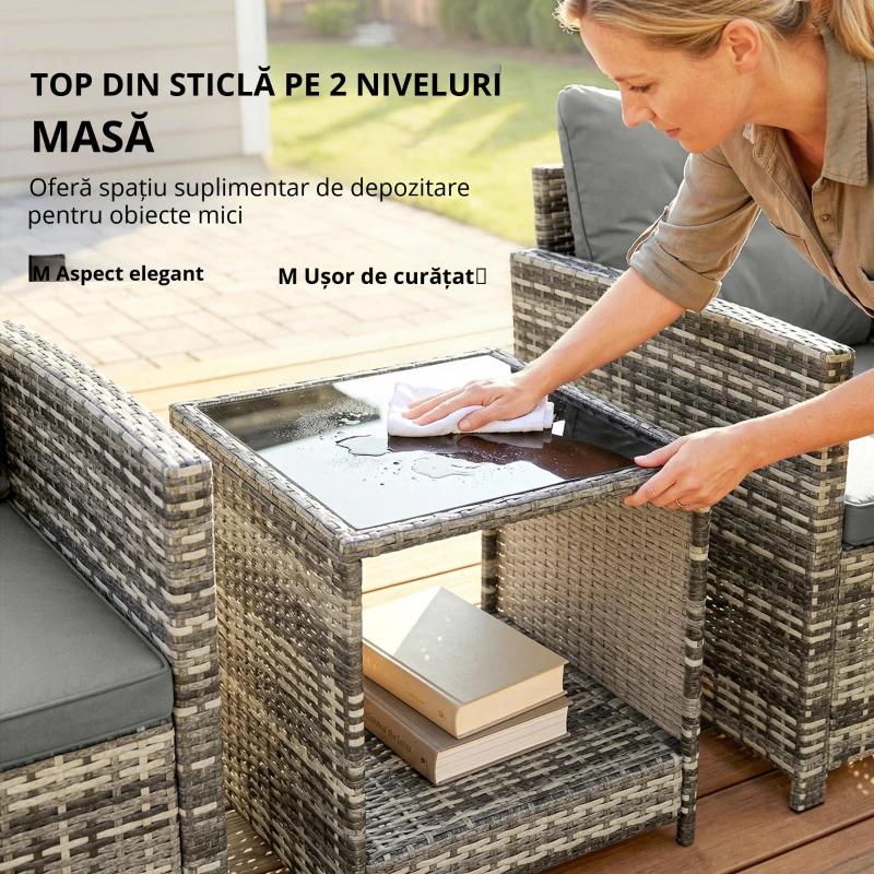 Outsunny Set mobilier exterior 3 piese din rășină împletită, masă și 2 fotolii cu perne, 62x65x75 cm, Gri deschis