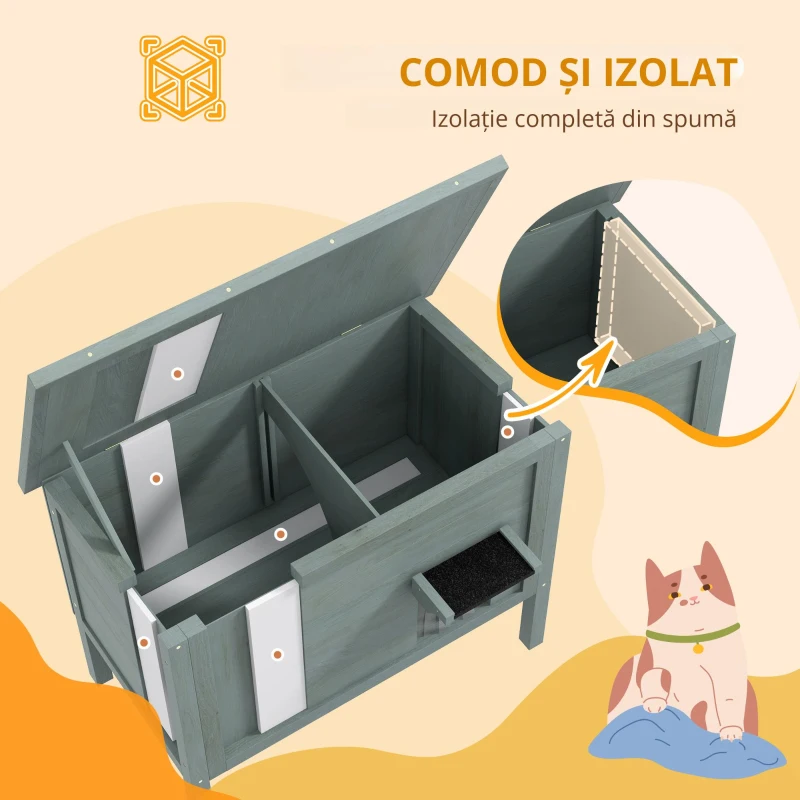 PawHut Casa pentru pisici adăpost de exterior din lemn ridicată cu acoperiș deschis izolată 85 x 50 x 68,5 cm gri închis și negru