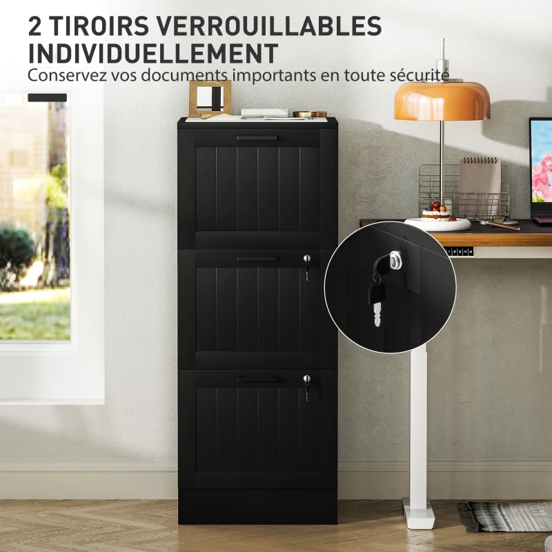 HOMCOM Caisson bureau, meuble rangement bois 3 tiroirs et serrure, barres de suspension réglables, 40 x 40 x 101 cm, noir