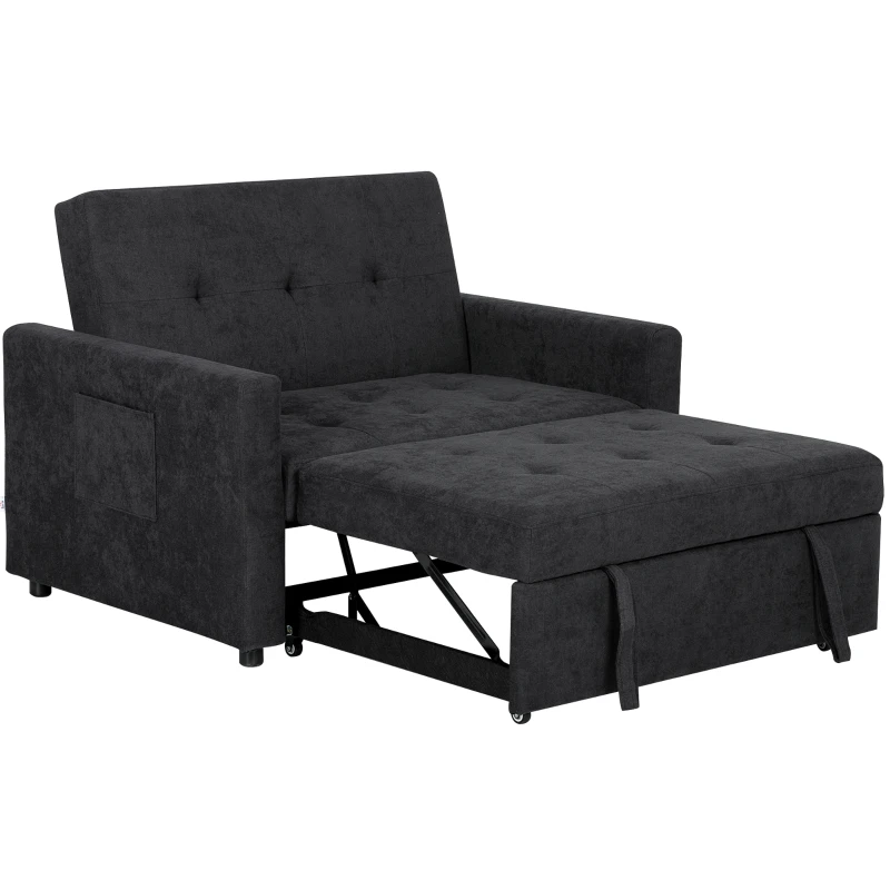 HOMCOM Loveseat Sofa Bed, Convertible Bed Settee with 2 Pillows, Side Pockets, Black