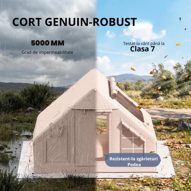 Outsunny Cort gonflabil 5–8 persoane, montare rapidă, 8000 mm impermeabil și rezistent la vânt cu pompă, racord pentru sobă, fereastră de acoperiș