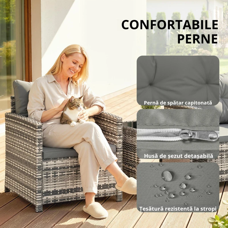 Outsunny Set mobilier exterior 3 piese din rășină împletită, masă și 2 fotolii cu perne, 62x65x75 cm, Gri deschis