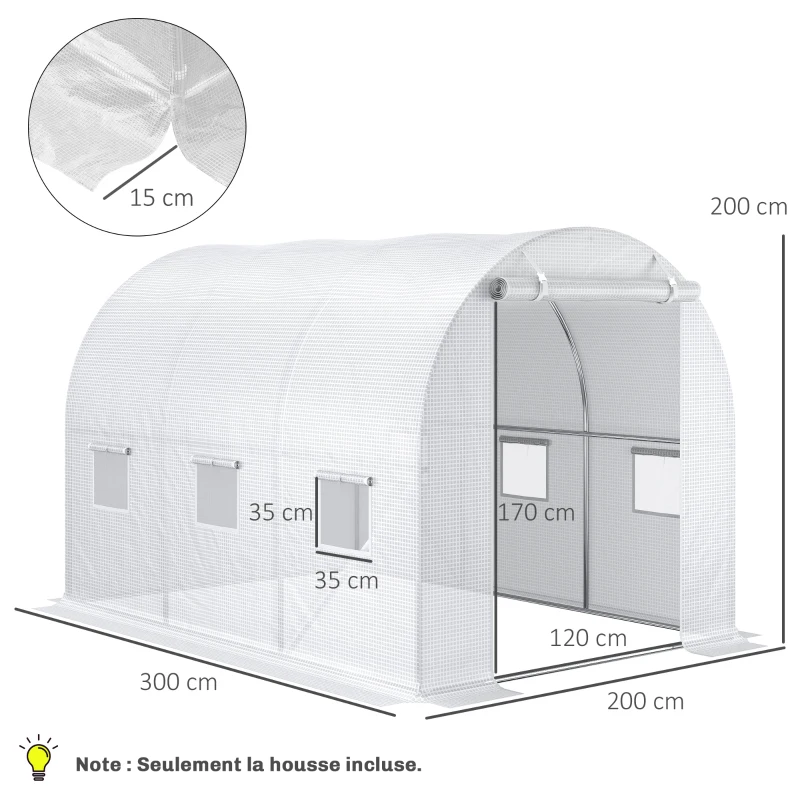 Outsunny Bâche de Rechange Serre Tunnel 6 m², bâche PE Anti-UV imperméable 6 fenêtres + Porte Enroulable zippée Blanc