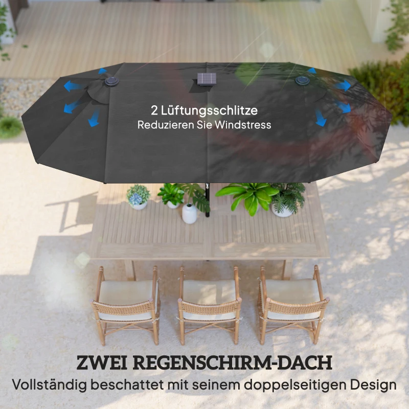 Outsunny Doppelschirm, Terrassenschirm, neigbar, mit Solarpaneel, 35 LEDs, Stahlrahmen, grau, 2,92 x 1,50 x 2,18 m