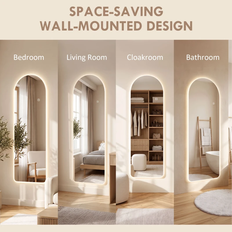 HOMCOM Grand miroir mural 120 x 40 cm avec éclairage LED miroir arqué, intensité variable et 3 couleurs d'éclairage transparent