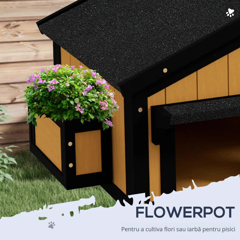 PawHut Casă pentru pisici Adăpost pentru pisici Peșteră, incl. Ghiveci, 96 cm x 65 cm x 85,5 cm, Galben + Alb + Negru