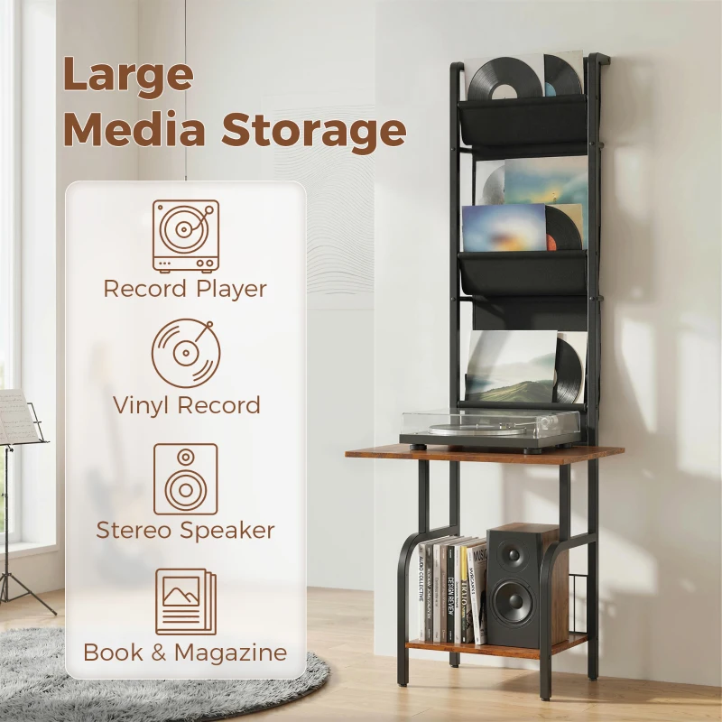 HOMCOM Vinyl Record Player Stand Record Storage with Player Stand Oxford Fabric Pockets Bottom Shelf Rustic Brown and Black