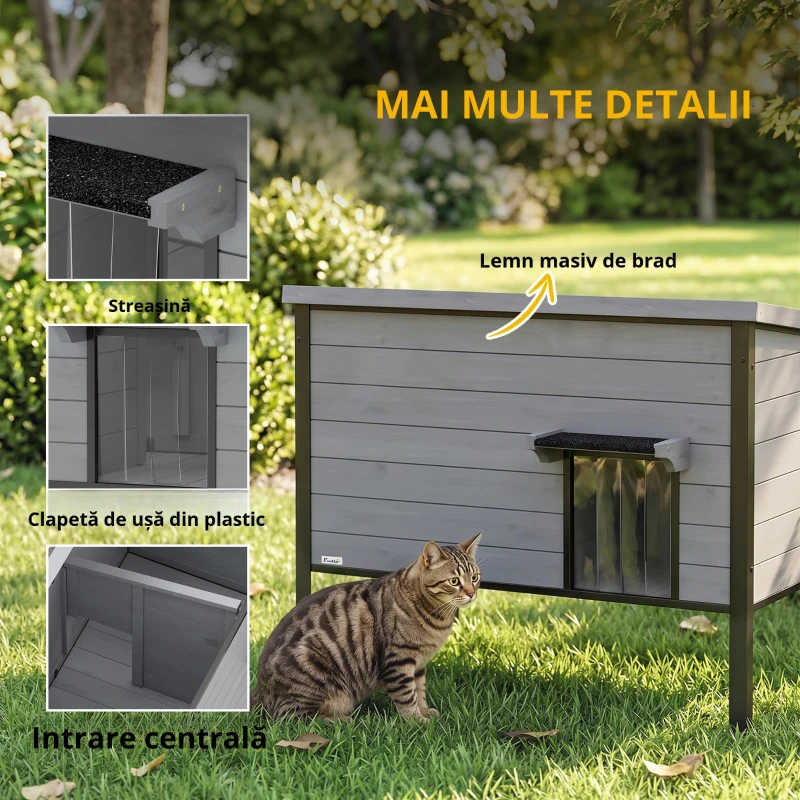 PawHut Căsuță rezistentă la intemperii cu acoperiș rabatabil, podea detașabilă și intrare pentru 1-2 pisici până la 12 kg 85x55x70 cm gri deschis