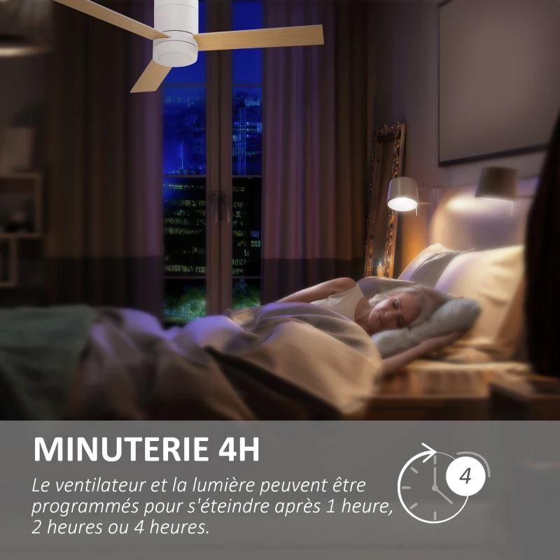 HOMCOM Ventilateur de plafond 2 en 1 avec lumière LED 3 vitesses silencieux - télécommande - diamètre 112 cm, naturel et blanc