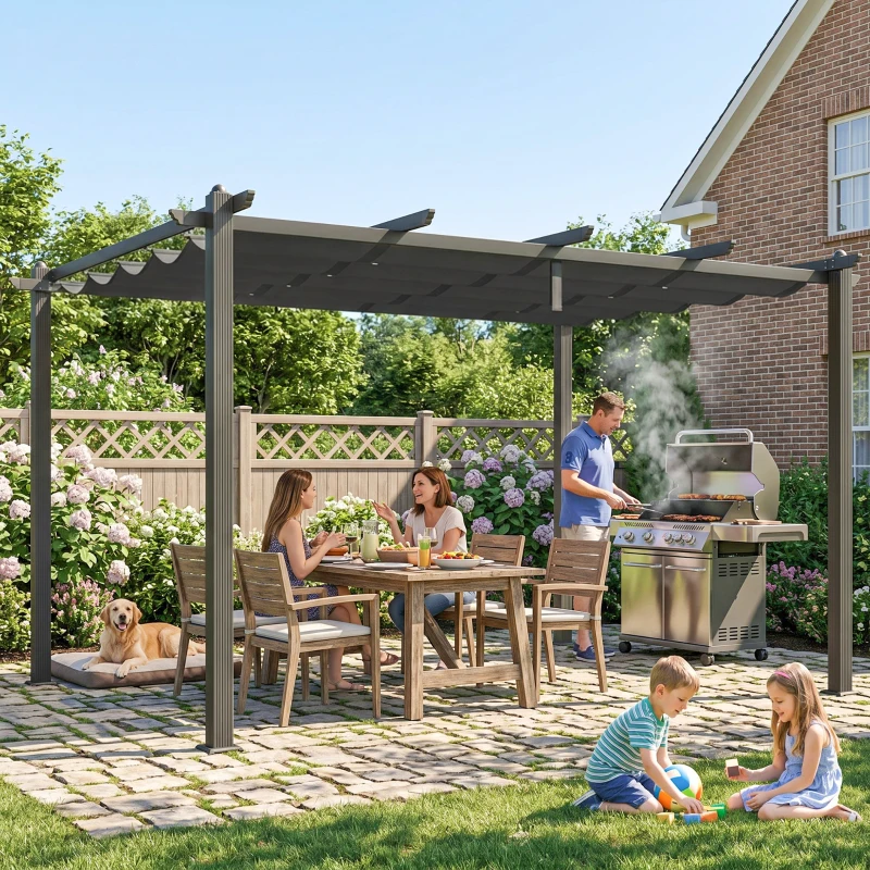 Outsunny Pergola Gazebo 4x3 m con 8 Fori di Drenaggio, in Alluminio, Metallo e Poliestere, Grigio Scuro