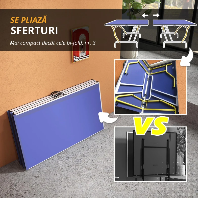 SPORTNOW Masa de Tenis de Masă pliabilă, inclusiv 2 rachete, 3 mingi, plasă, interior și exterior, cadru metalic, 274x152x76cm, Albastru