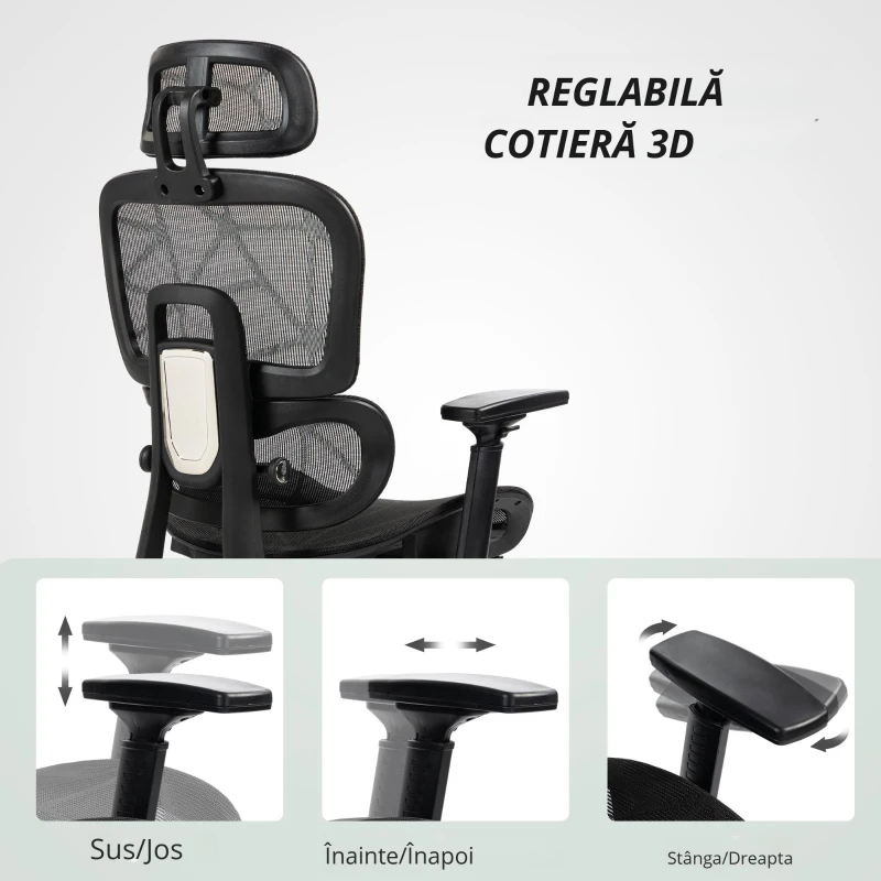 HOMCOM Scaun de birou, scaun de birou ergonomic din plasă cu brațe 3D, spătar inclinabil, 66x64x122 cm, negru