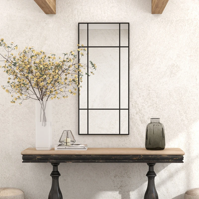 HOMCOM Miroir mural verrière rectangulaire style fenêtre, horizontal ou vertical avec 4 crochets, en métal noir - 110x50 cm