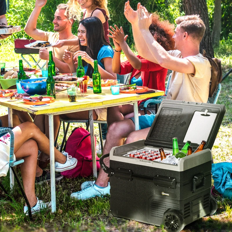 Outsunny 50L Camping Fridge, Portable Freezer Compressor Car Refrigerator with LED, Telescopic Handle, 12/24V DC 110-240V AC Electric Cool Box Down to -20℃ for Campervan RV Boat Travel Truck