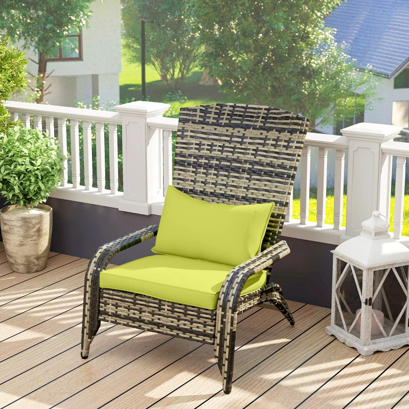 Outsunny Sedia da Giardino Adironrack con Braccioli e Cuscini, Sedia in Rattan e Acciaio per Interni ed Esterni, 64x80x90 cm, Verde